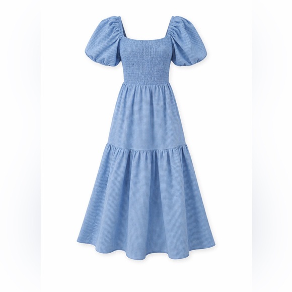 JessaKae Blue Gingham Cottagecore Smocked Midi Dress Puff Sleeve M - Picture 2 of 12